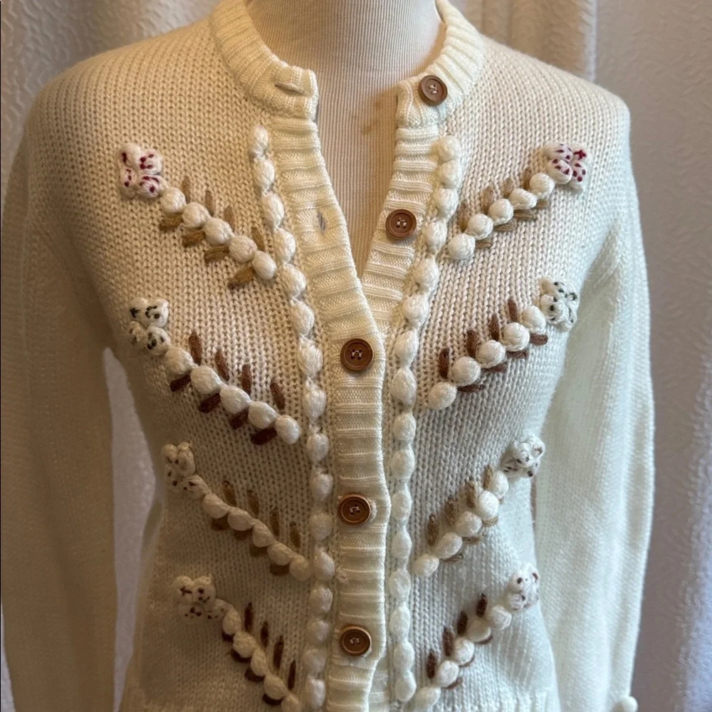 Vintage Hand Knit Cream Cardigan with Embroidered Details - Picture 3 of 7